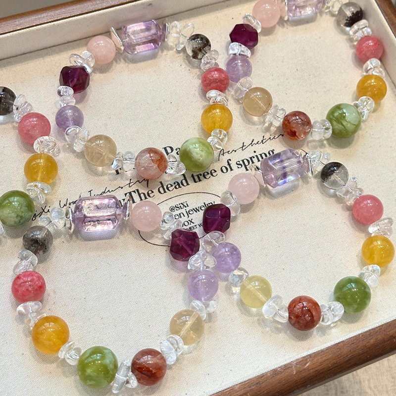 小众糖果多宝水晶手链女生精致粉晶紫水晶黄萤石胶花手串
