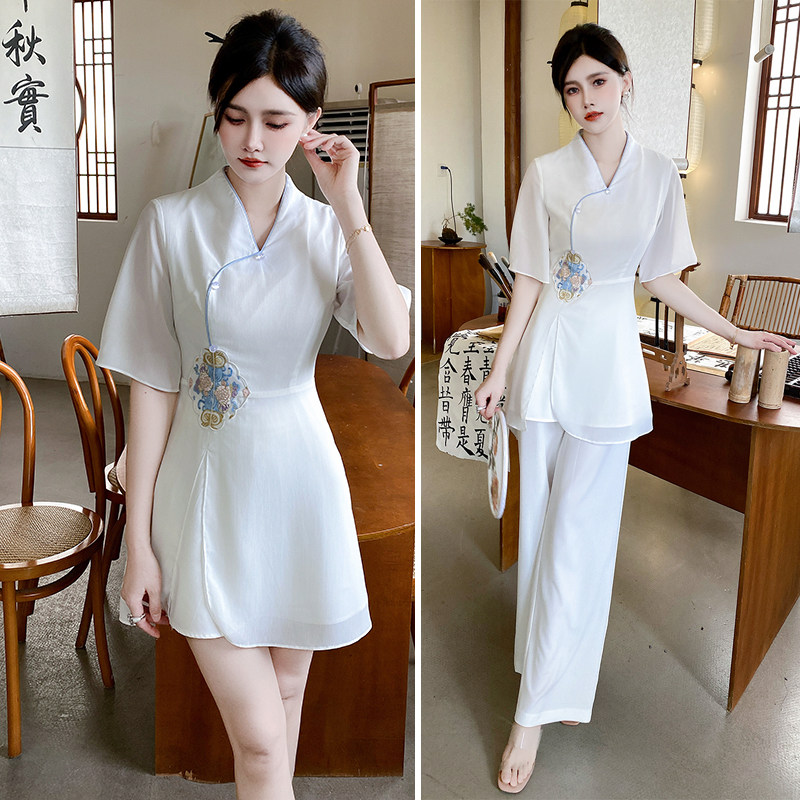 采耳店足疗足浴技师工作服女气质显瘦按摩透气雪纺美容师套装长裤