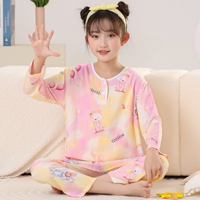 女童睡衣夏季棉绸薄款长袖套装