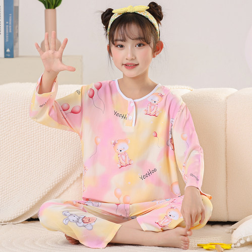 女童睡衣夏季棉绸薄款长袖套装
