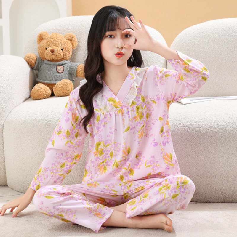 棉绸睡衣女春夏季印花可外穿家居服蕾丝V领卡通印花绵绸薄款套装