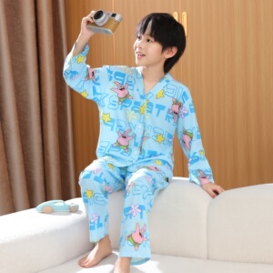 夏季儿童绵绸睡衣男童女孩长袖薄款棉绸空调服套装男童休闲家居服