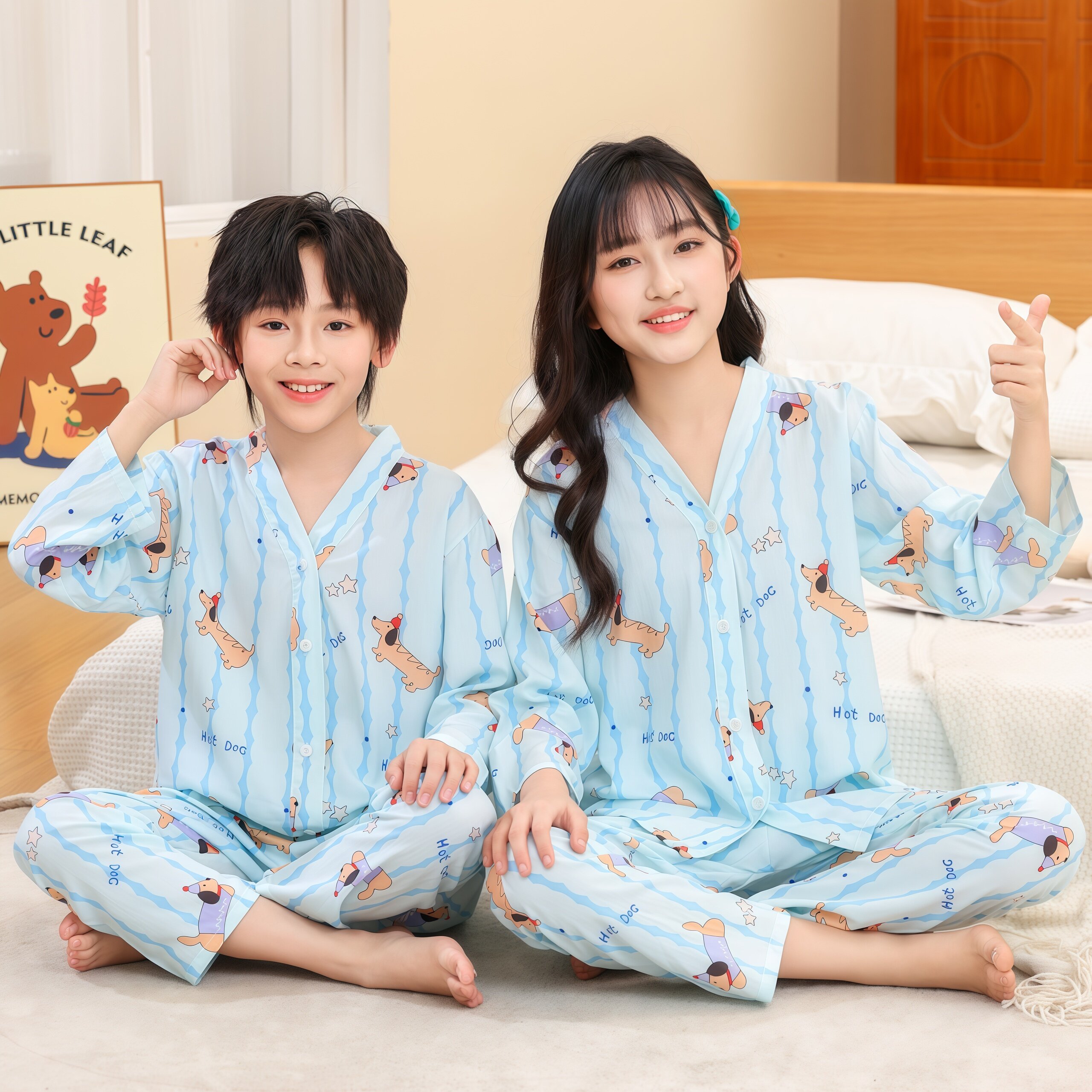 夏季儿童棉绸薄款睡衣莱赛尔棉绸男女孩绵绸宽松空调服女童家居服