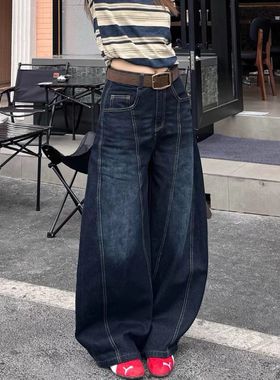 美式复古深蓝色弯刀牛仔裤女秋季新款高街字母印花宽松阔腿拖地裤