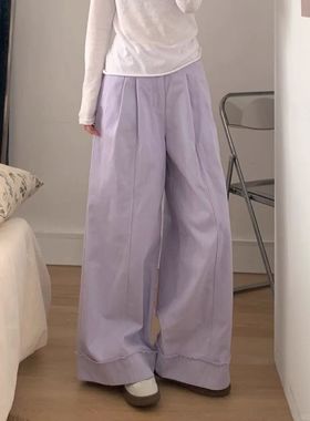 美式复古紫色牛仔阔腿裤女夏季百搭新款高腰褶皱直筒宽松显瘦长裤