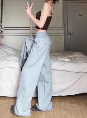 慵懒松弛感灰色抽绳休闲裤女2025春夏新款高腰宽松显瘦阔腿运动裤