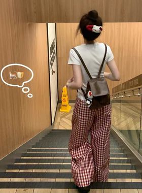 美式复古红色格子阔腿休闲裤女夏季宽松松弛感慵懒风高腰直筒裤子