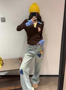 美式复古设计感爱心贴补牛仔裤女25春夏街头拼色刺绣阔腿拖地长裤