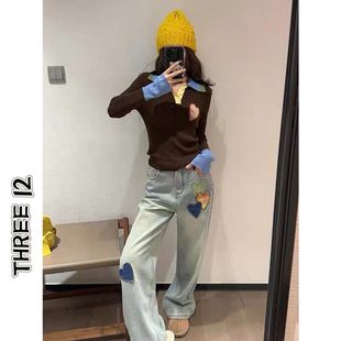 美式复古设计感爱心贴补牛仔裤女25春夏街头拼色刺绣阔腿拖地长裤