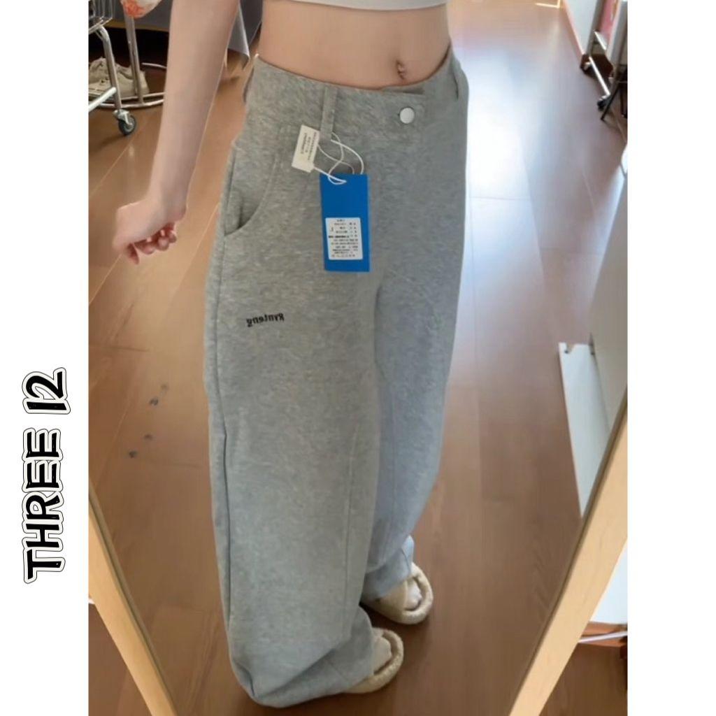 慵懒松弛感灰色高腰弯刀休闲裤女