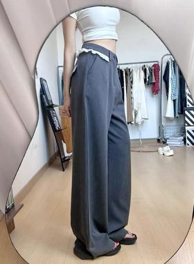 美式复古蕾丝花边拼接灰色西装裤女夏百搭高腰垂感显瘦直筒休闲裤