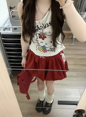 美式复古红色花苞a字裙高腰半身裙女夏百搭高街vibe显瘦蓬蓬短裙