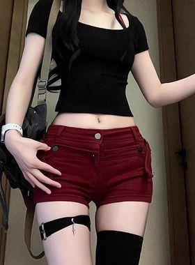 美式复古辣妹低腰红色牛仔短裤女夏百搭高街vibe显瘦修身包臀热裤