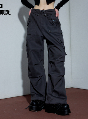 YUKAHOUSE 美式休闲工装裤灰红色长款高腰直筒阔腿男女春夏款