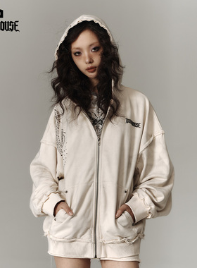YUKAHOUSE 脏洗做旧拉链卫衣连帽衫上衣米色宽松休闲女春秋季新款