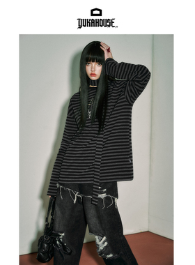 YUKAHOUSE 星星条纹长袖T恤宽松黑灰美式朋克vintage风女春夏季款