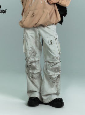 YUKAHOUSE 米白色脏洗褶皱牛仔裤高街多口袋阔腿长裤休闲裤春夏款
