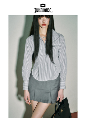 YUKAHOUSE 收腰衬蓝白色衫条纹修身紧身掐腰学院风上衣女春夏季款