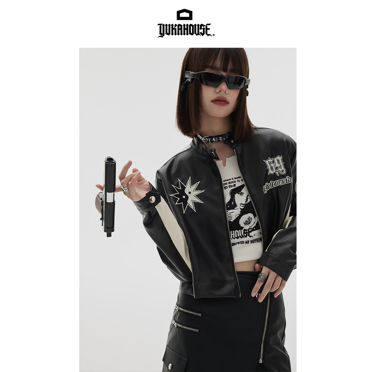yukahouse 美式复古机车辣妹朋克皮衣短款外套女春季潮赛车服夹克