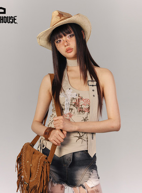 YUKAHOUSE 美式y2k挂脖吊带露肩修身亚文化短袖T恤上衣女夏季款