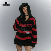 YUKAHOUSE原创海马毛V领毛衣街头亚比复古朋克蜘蛛宽松女条纹秋冬