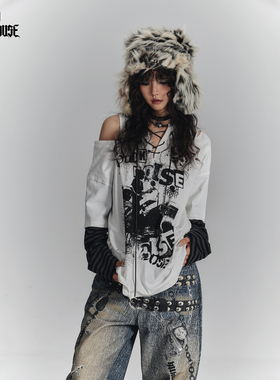 YUKAHOUSE 原创设计美式复古朋克轻亚拼接条纹长袖V领抽绳T恤上衣