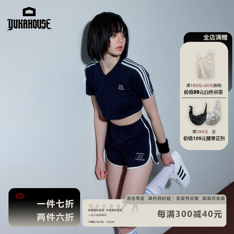 YUKAHOUSE 美式休闲运动套装两件套短袖T恤热裤舒适体操服女夏款