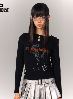 YUKAHOUSE原创美式复古上衣辣妹紧身长袖T恤收腰带黑色女早秋新款