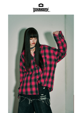 YUKAHOUSE 格子衬衫外套长袖宽松美式复古宽松粉蓝男女情侣春夏款
