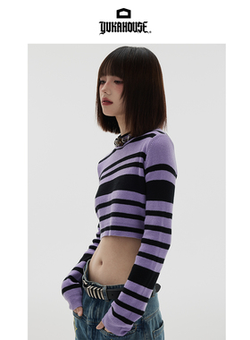 YUKAHOUSE 辣妹短款毛衣上衣紧身条纹修身辣妹毛衣打底针织衫春款