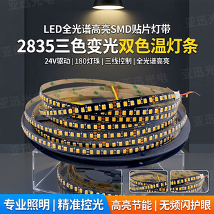 led全光谱高亮smd贴片灯带2835三色变光二三线180灯双色温灯条24v