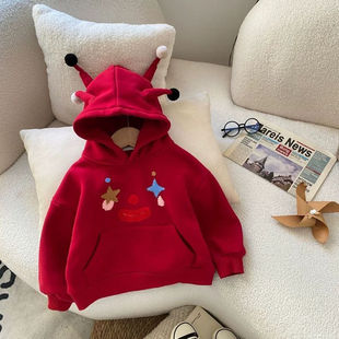 儿童加厚卫衣冬季拜年服宝宝加绒连帽男女童新年红色上衣0041A190