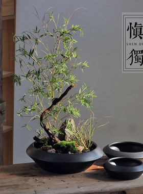 新中式黑色陶瓷插花盘剑山插花器小原流花道日式禅意创意花盆新