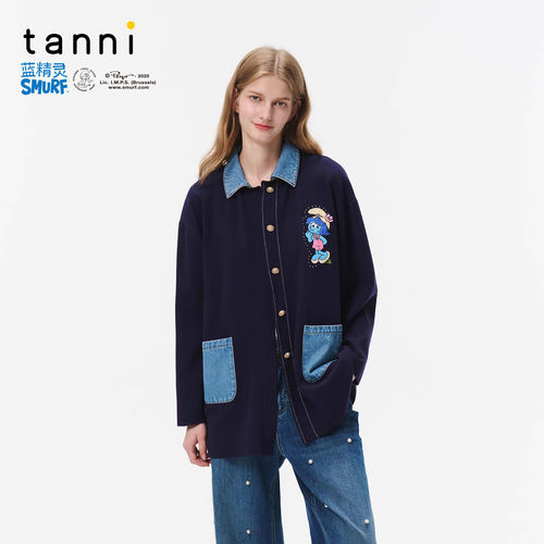 tanni新款蓝精灵系列时尚百搭休闲牛仔拼接针织外套TO31KN815A