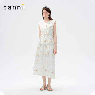 tanni早春新款 收腰V领上衣半身裙TO11BL150A 温柔优雅清新印花无袖