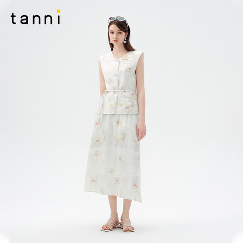 tanni印花无袖收腰V领上衣半身裙