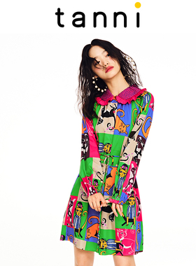 tanni商场同款动物印花娃娃领简约显瘦百搭小A版连衣裙TL11DR004A