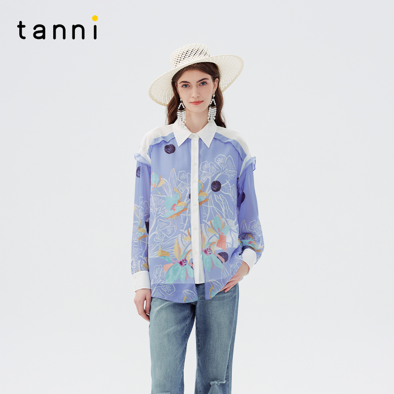 tanni法式优雅印花蕾丝拼接衬衫