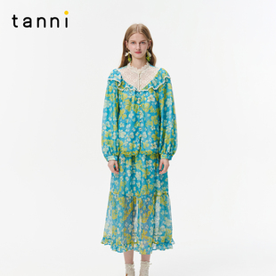 TO31SH019B 半裙套装 tanni新款 复古荷叶边浪漫蕾丝青花瓷印花衬衫