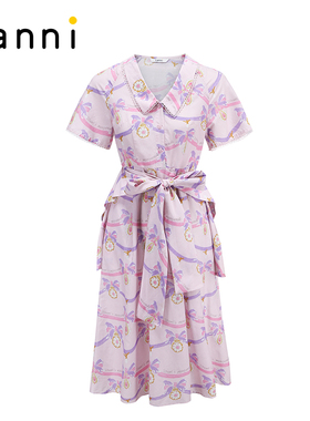 tanni新款优雅温柔气质印花收腰衬衫式连衣裙TM11DR062A