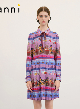 tanni新款简约复古印花垂感压褶衬衫领连衣裙TM31DR055B