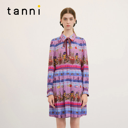 tanni简约复古印花衬衫领连衣裙