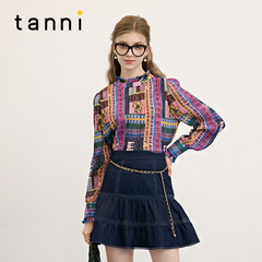 tanni新款通勤复古文艺木耳边长袖打底上衣女TM31BL011A