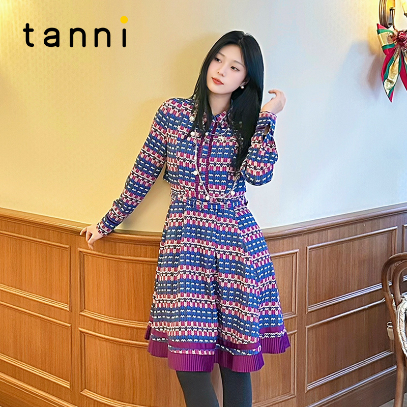 优雅气质印花长袖连衣裙tanni