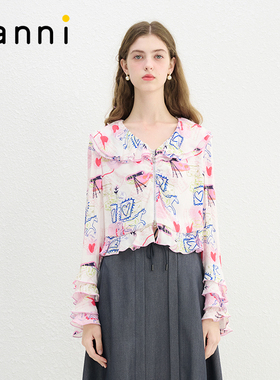 tanni新款度假风小清新复古手绘印花拉链花瓣袖衬衣女TN11SH071A
