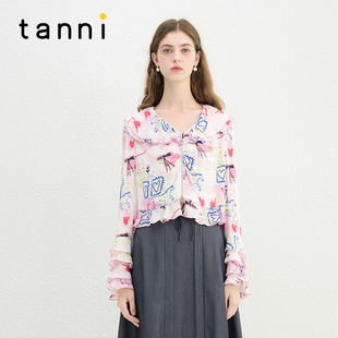 tanni新款 衬衣女TN11SH071A 度假风小清新复古手绘印花拉链花瓣袖