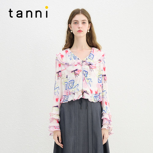 tanni度假风小清新印花拉链衬衣