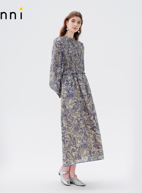 tanni25春新款优雅复古印花司马克长袖直筒h形连衣裙TO11DR030A
