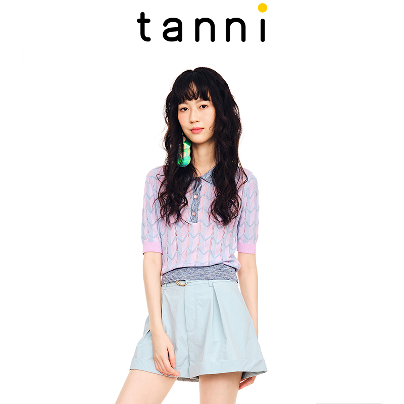 tanni条纹刺绣polo针织衫短袖