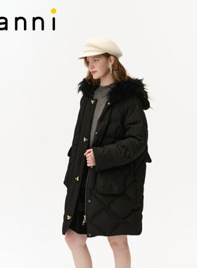 tanni2025冬新款百搭宽松保暖连帽黑色中长款羽绒服TO31DJ019A